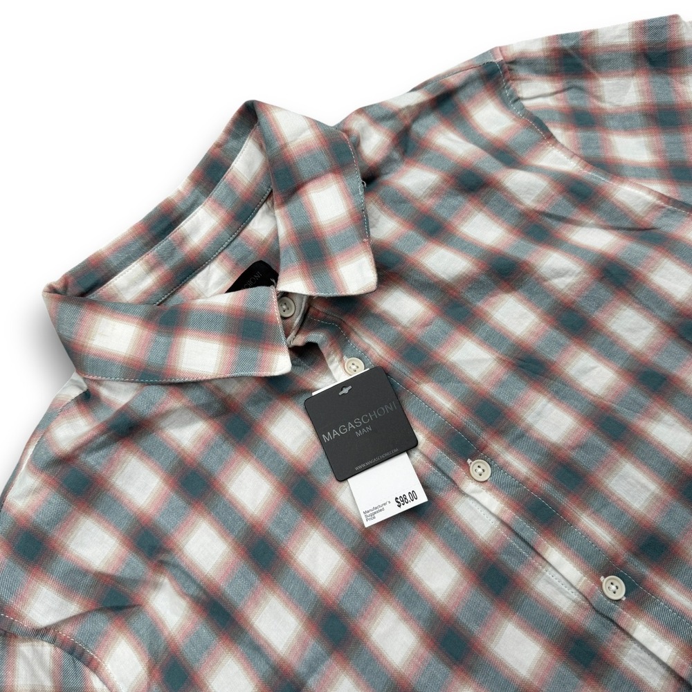 Magaschoni Shirt Men S Green Plaid Classic Short Sleeve Button Down NWT MSRP $98